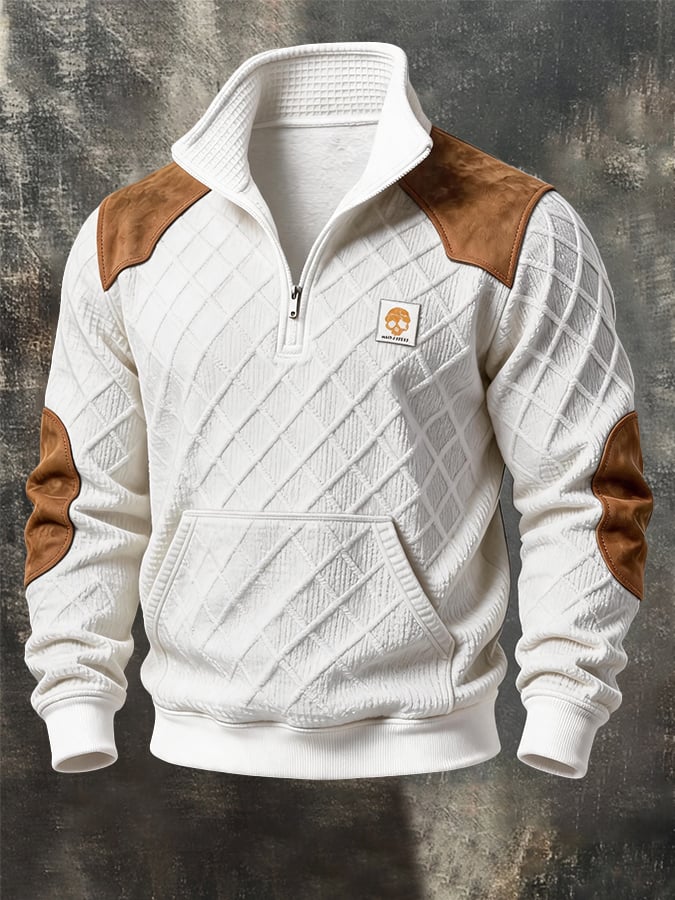 Men's Retro Textured Waffle-Knit Zip-Neck Sweatshirt