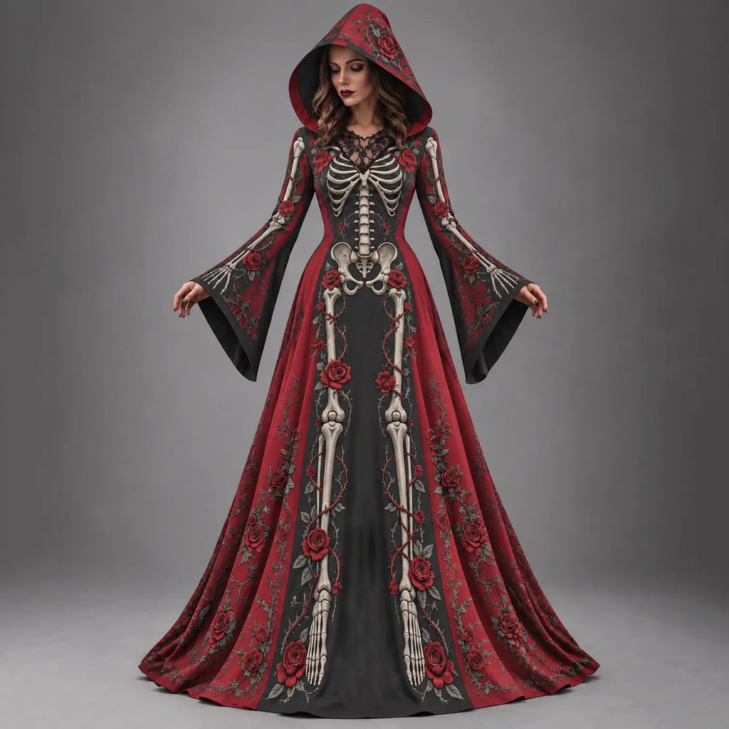 Women's Halloween Gothic Skeleton & Floral Long-sleeve Hooded Long Dress
