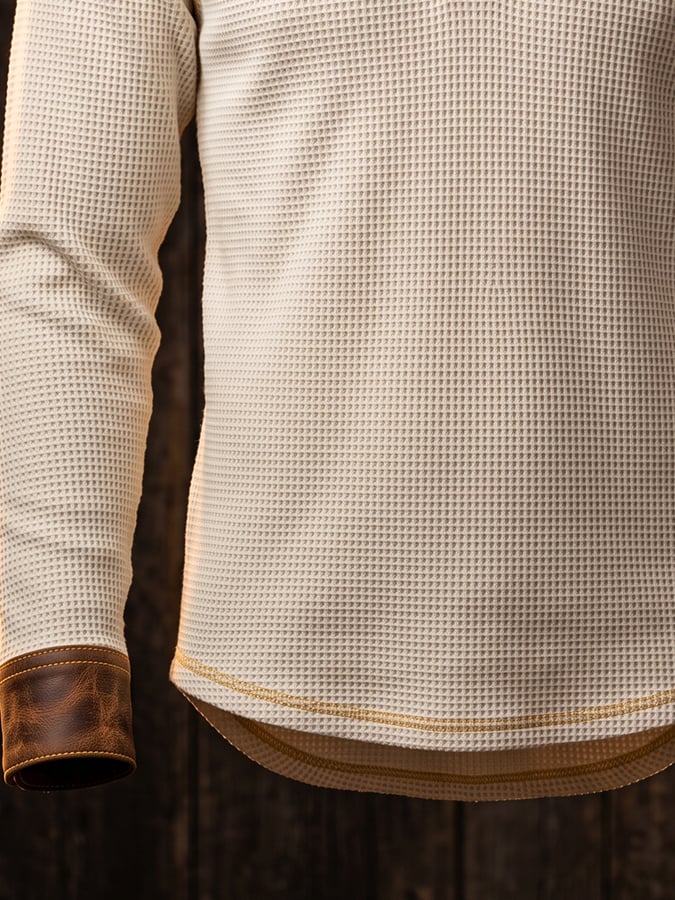 Men's Vintage Waffle-Knit Henley with Leather Panel Detail