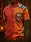 Men's Day Of The Dead Floral Skull Surrounded By Vibrant Blooms Print Stand Collar Short Sleeve Shirt