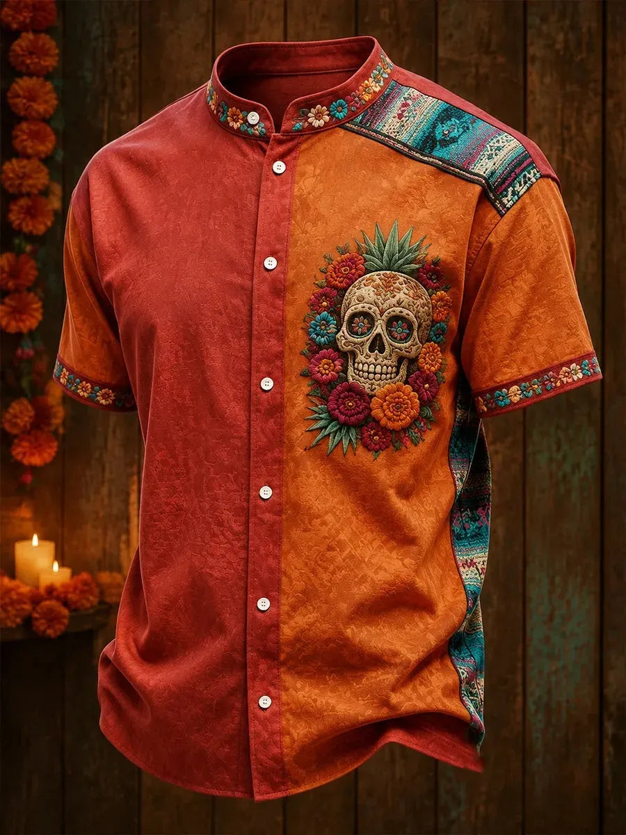 Men's Day Of The Dead Floral Skull Surrounded By Vibrant Blooms Print Stand Collar Short Sleeve Shirt