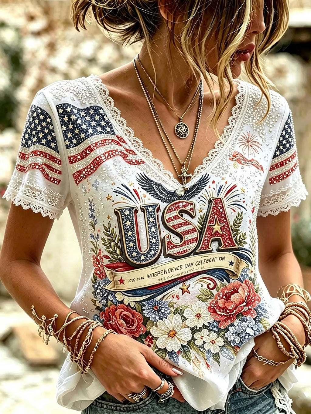 Women's American Flag, Floral, And Eagle Print V-neck Short-sleeved Top