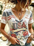Women's American Flag, Floral, And Eagle Print V-neck Short-sleeved Top