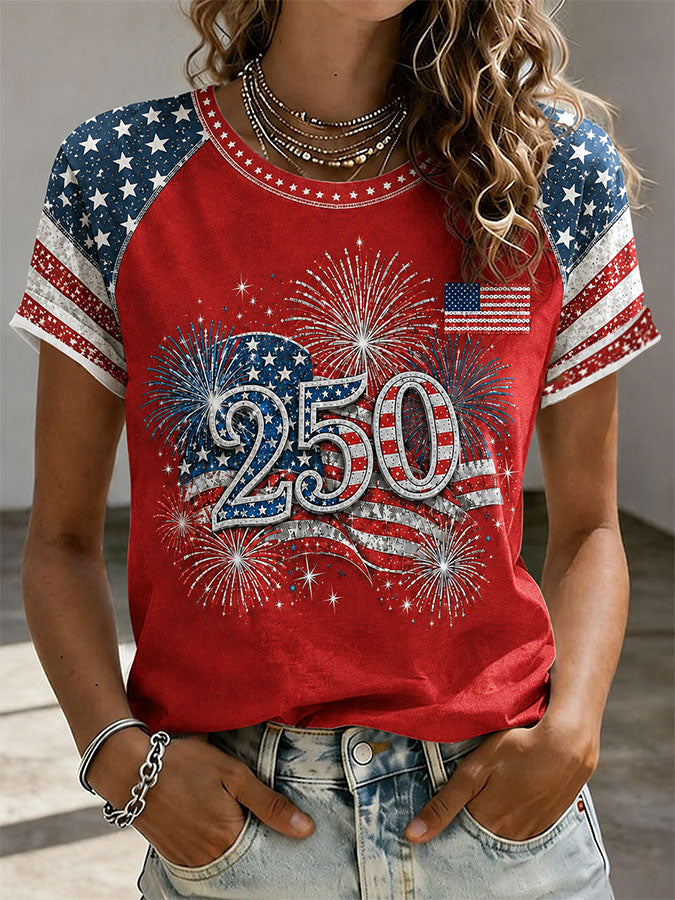 Women'S Retro Loose Short Sleeved T-Shirt With American Flag Print