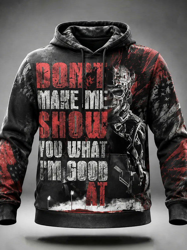 Men's Vintage Washed Distressed Tactical Skull Soldier American Flag Patriotic Gothic Quote Print Hoodie
