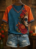 Women's Day Of The Dead Floral Sugar Skull Girl Print V Neck Raglan T-Shirt