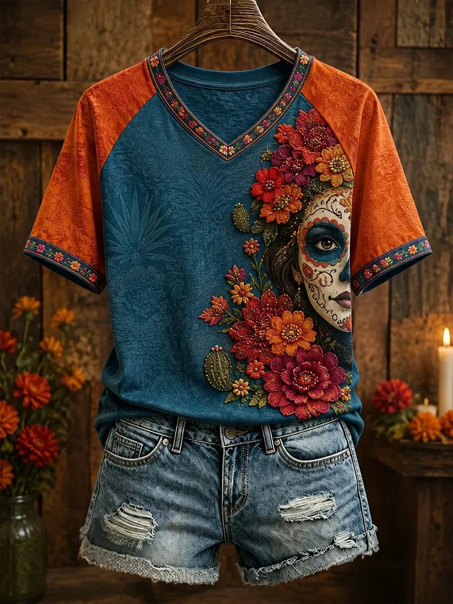 Women's Day Of The Dead Floral Sugar Skull Girl Print V Neck Raglan T-Shirt