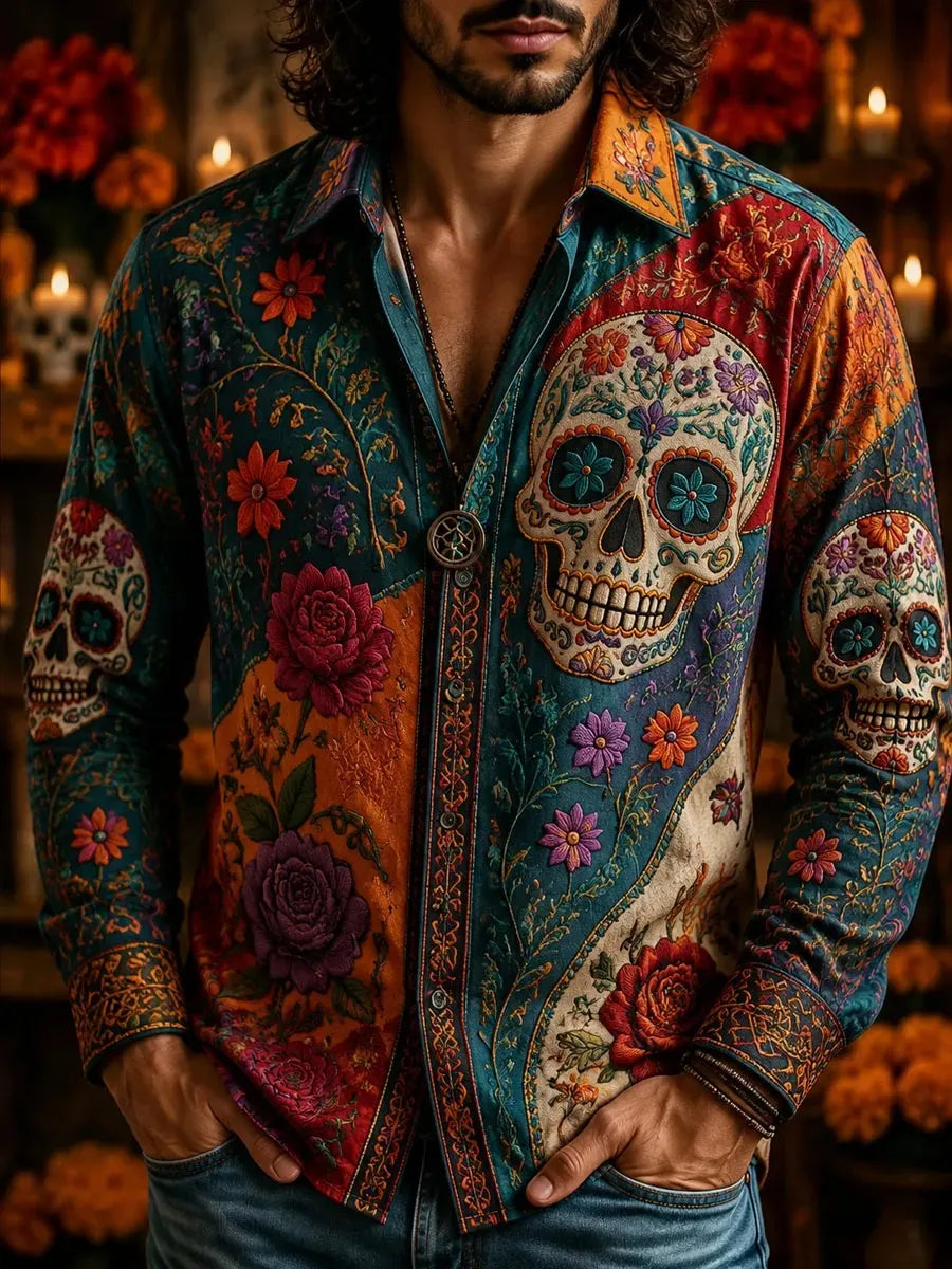 Men's Day Of The Dead Color‐Block Sugar‐Skull Bohemian Floral Print Long Sleeve Shirt