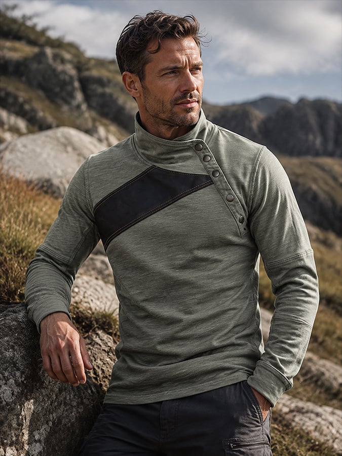 Asymmetrical Leather Patch Stand‐Collar Shirt | Rugged Vintage Style for Men