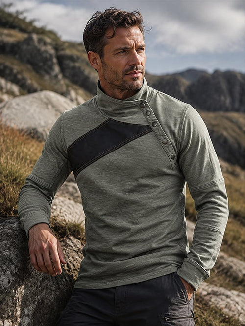 Asymmetrical Leather Patch Stand‐Collar Shirt | Rugged Vintage Style for Men