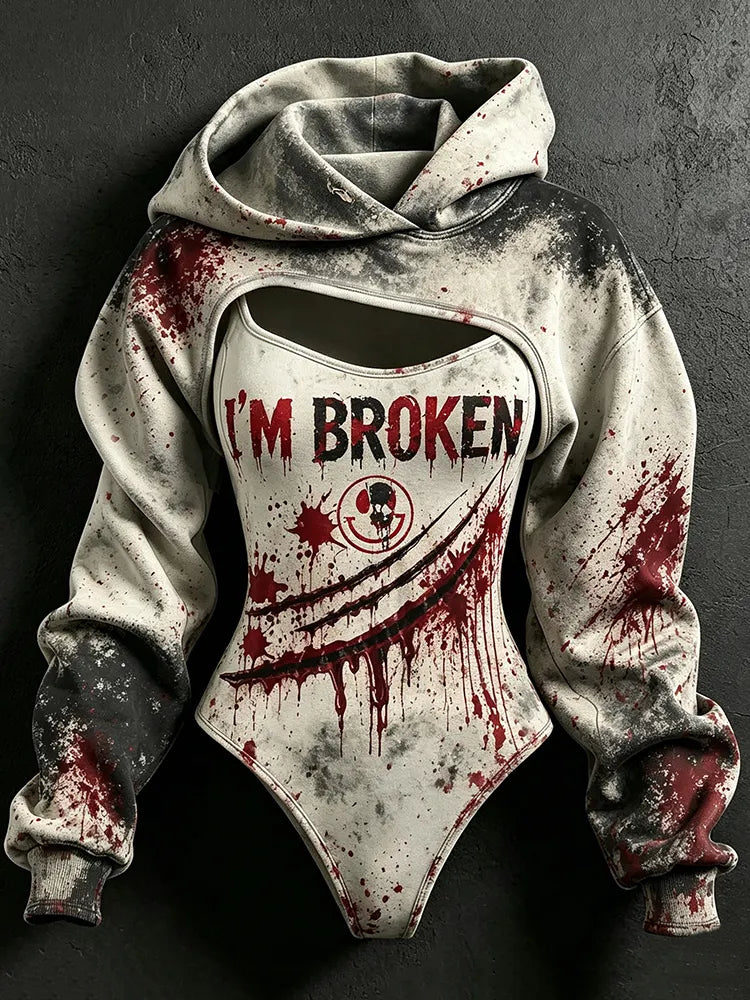 Women's Retro Halloween "i'm Broken" Bloodstain Print Sweatshirt Two-piece Set