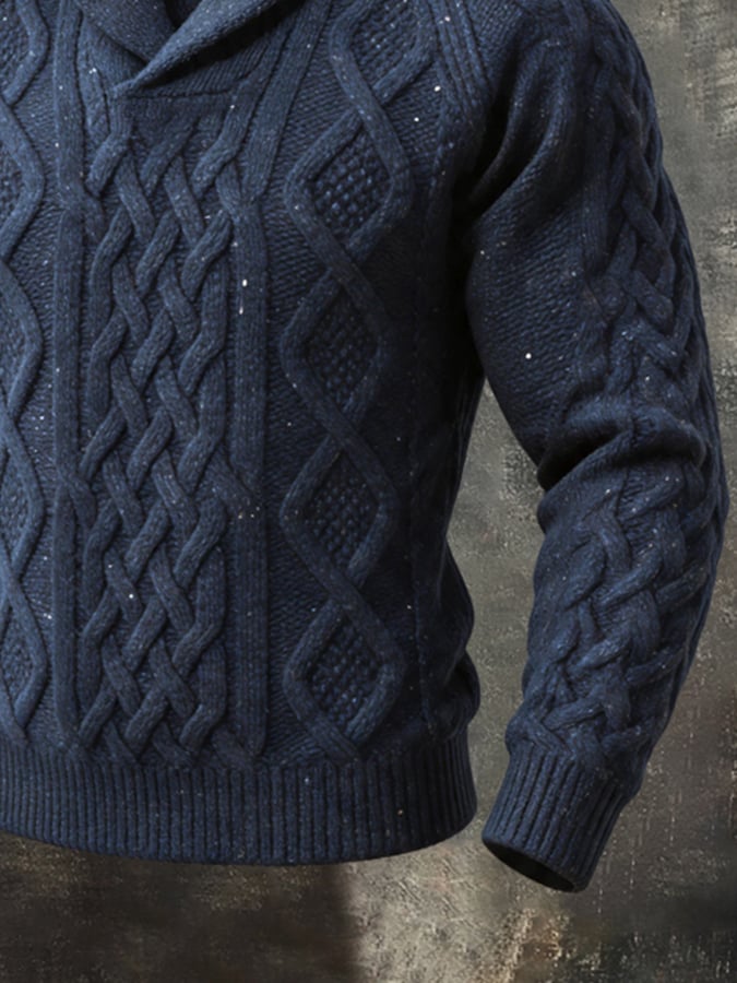 Men's Vintage Chunky Wool Shawl-Collar Long-Sleeve Knit Sweater