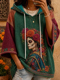 Women's Day Of The Dead Floral‐Crowned Woman Figure Print Three-Quarter Sleeves Hoodies