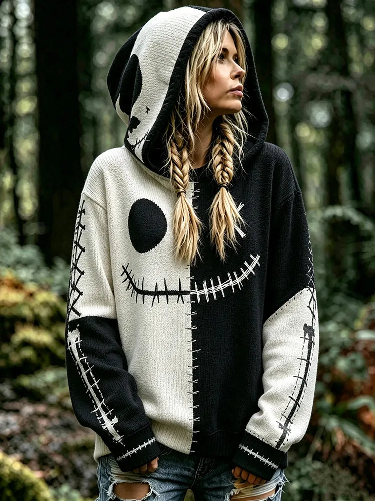 Women's Retro Halloween Scary Smiley Face Color Block Knitted Hooded Sweater