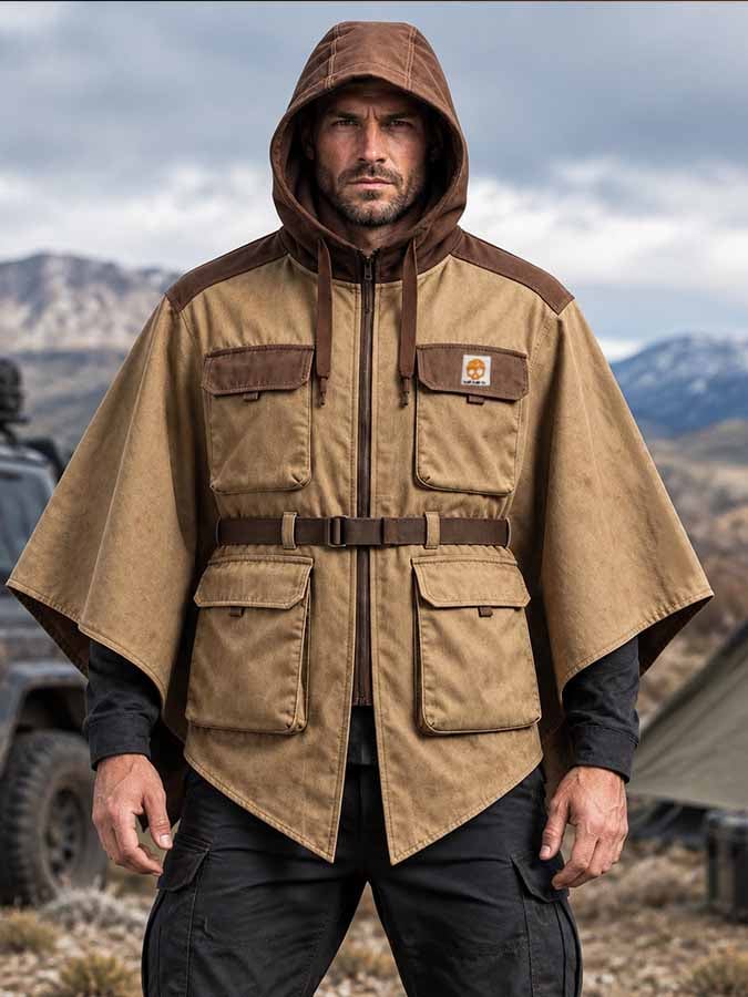 Men's Vintage Distressed Color-Block Hooded Workwear Cape/Poncho