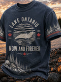 Men's Casual Short-sleeve T-shirt - Lake Ontario Map, Maple Leaf & Pine Forest Print