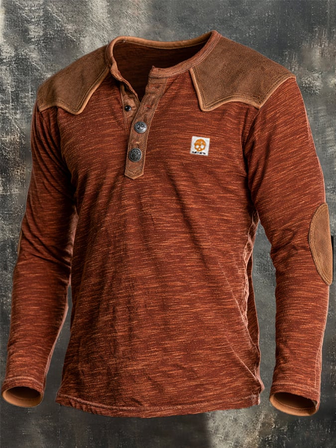 Men's Vintage Comfortable Pure Cotton Color-Block Henley T-Shirt