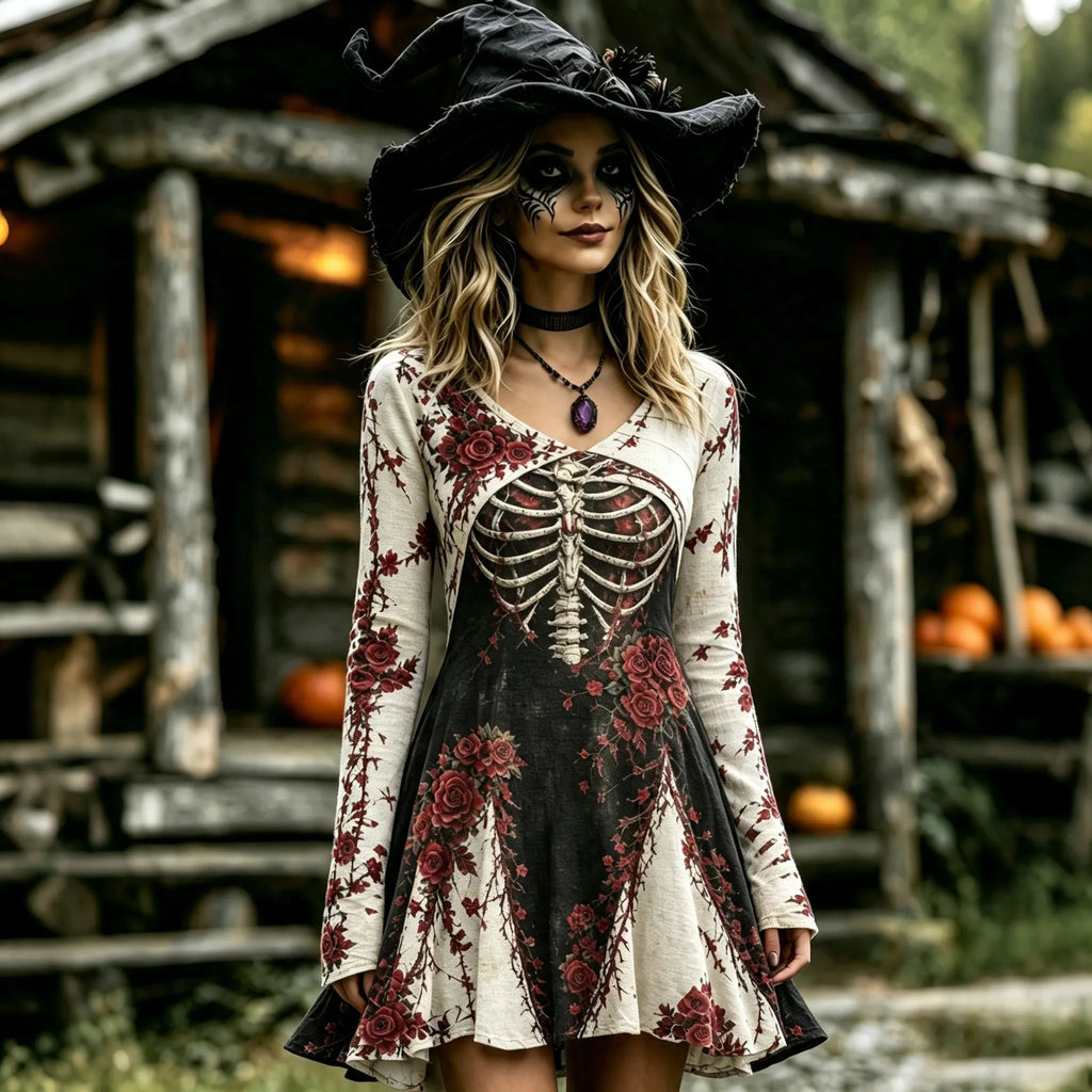 Women's Vintage Halloween Gothic Skeleton Roses Art Print Linen Mini Dress