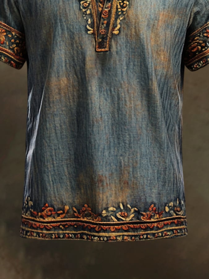 Men's Vintage Floral Casual Henley Short Sleeve T-Shirt
