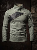 Asymmetrical Leather Patch Stand‐Collar Shirt | Rugged Vintage Style for Men