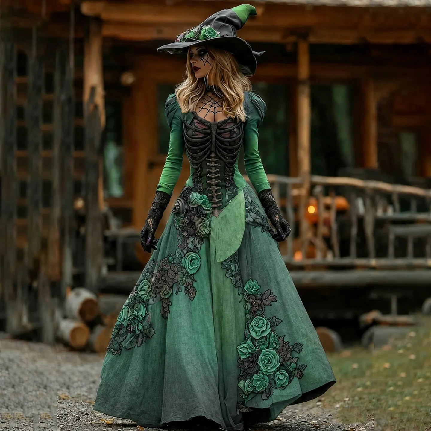 Vintage  Skull Rib Cage Rose Pattern Maxi Dress