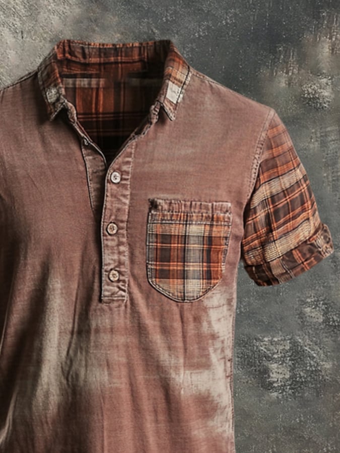 Men's casual short-sleeved polo shirt with retro check pattern