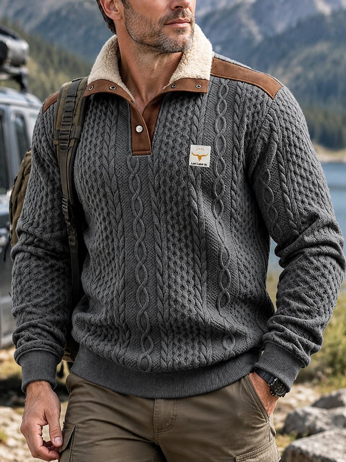 Men's Retro Textured Thermal Stand-Collar Sweatshirt
