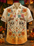Men's Day Of The Dead Sombrero Skull Guitar Chili Papel Picado Floral Print Short Sleeve Buttons Shirt