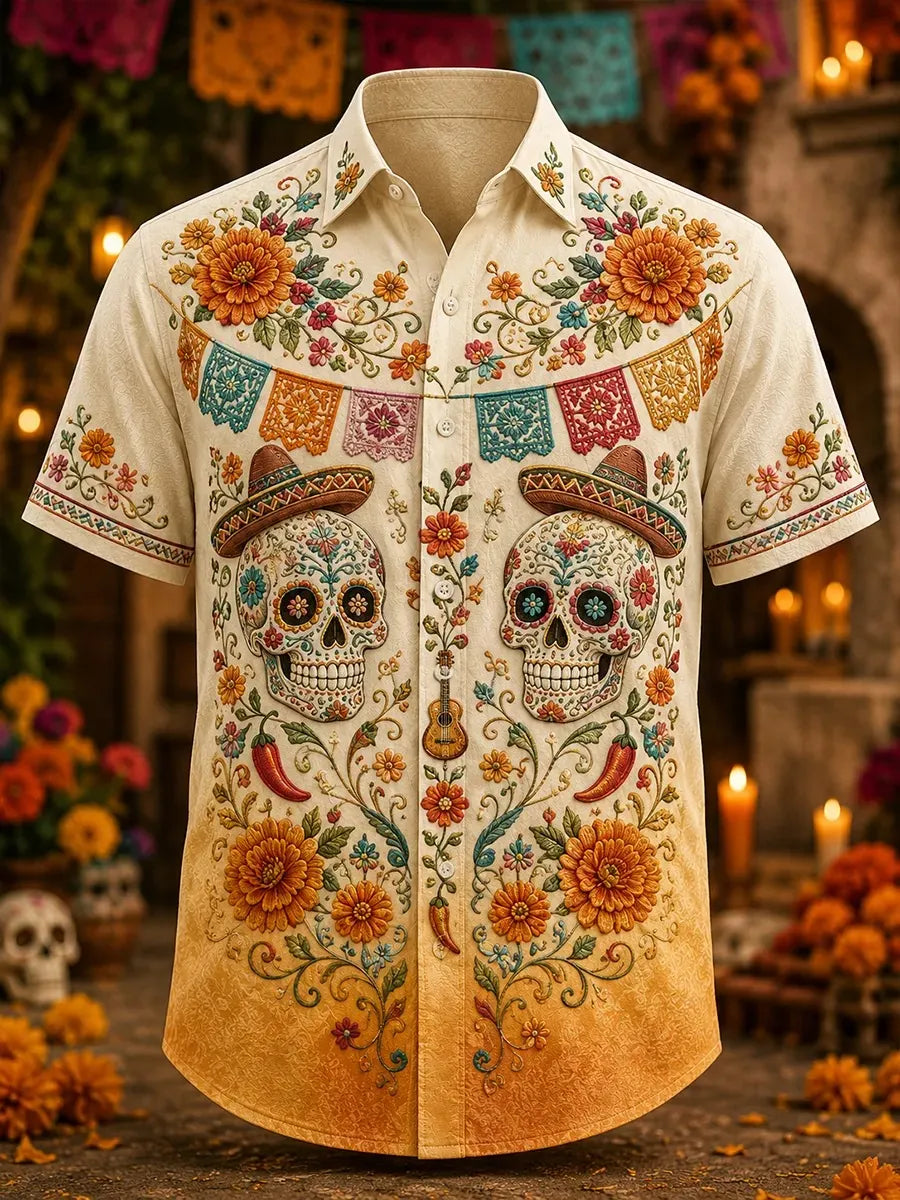 Men's Day Of The Dead Sombrero Skull Guitar Chili Papel Picado Floral Print Short Sleeve Buttons Shirt