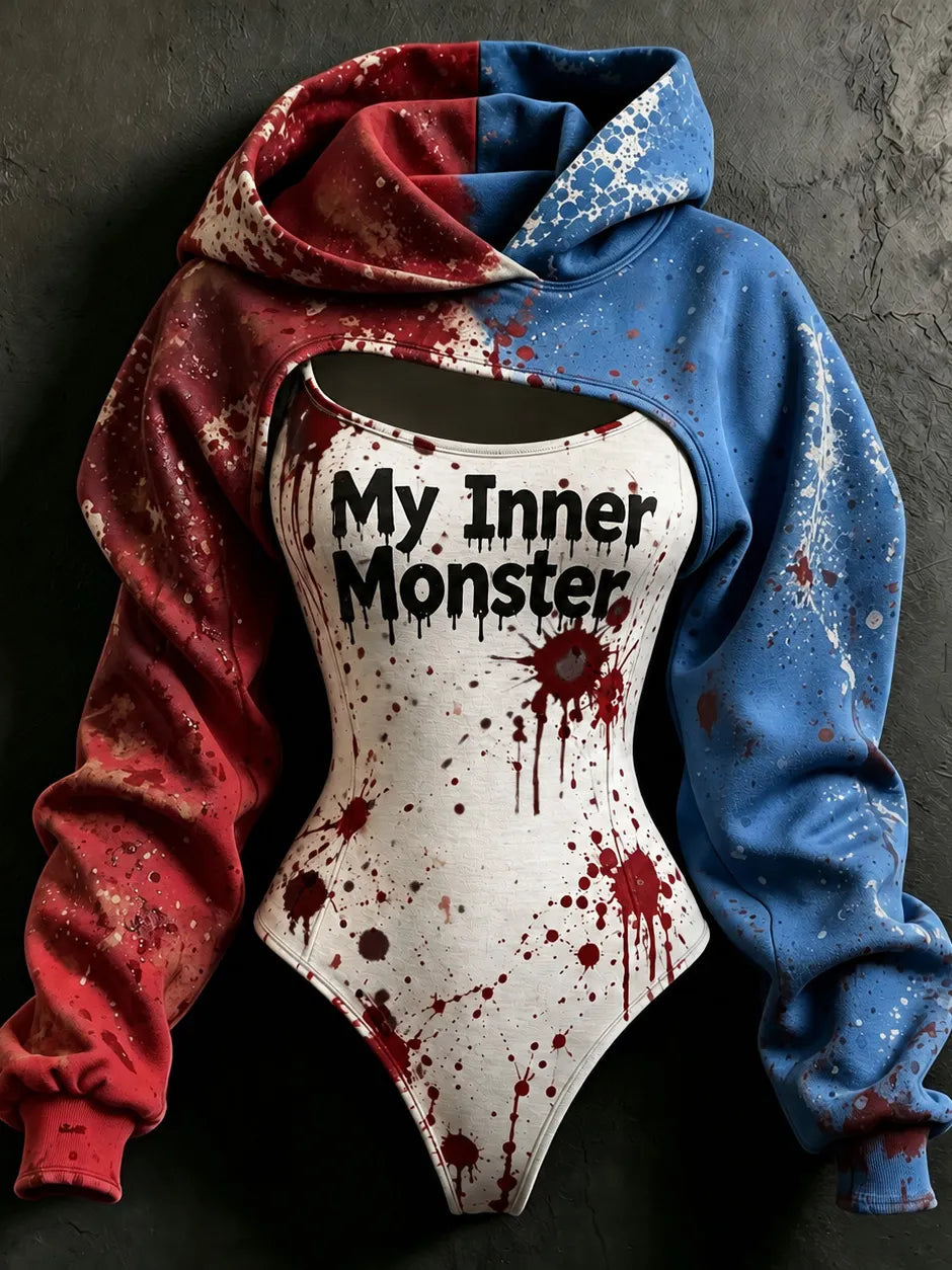 Women's Halloween Bloody Monster Girl  Slogan Print Hoodie Two-piece Set