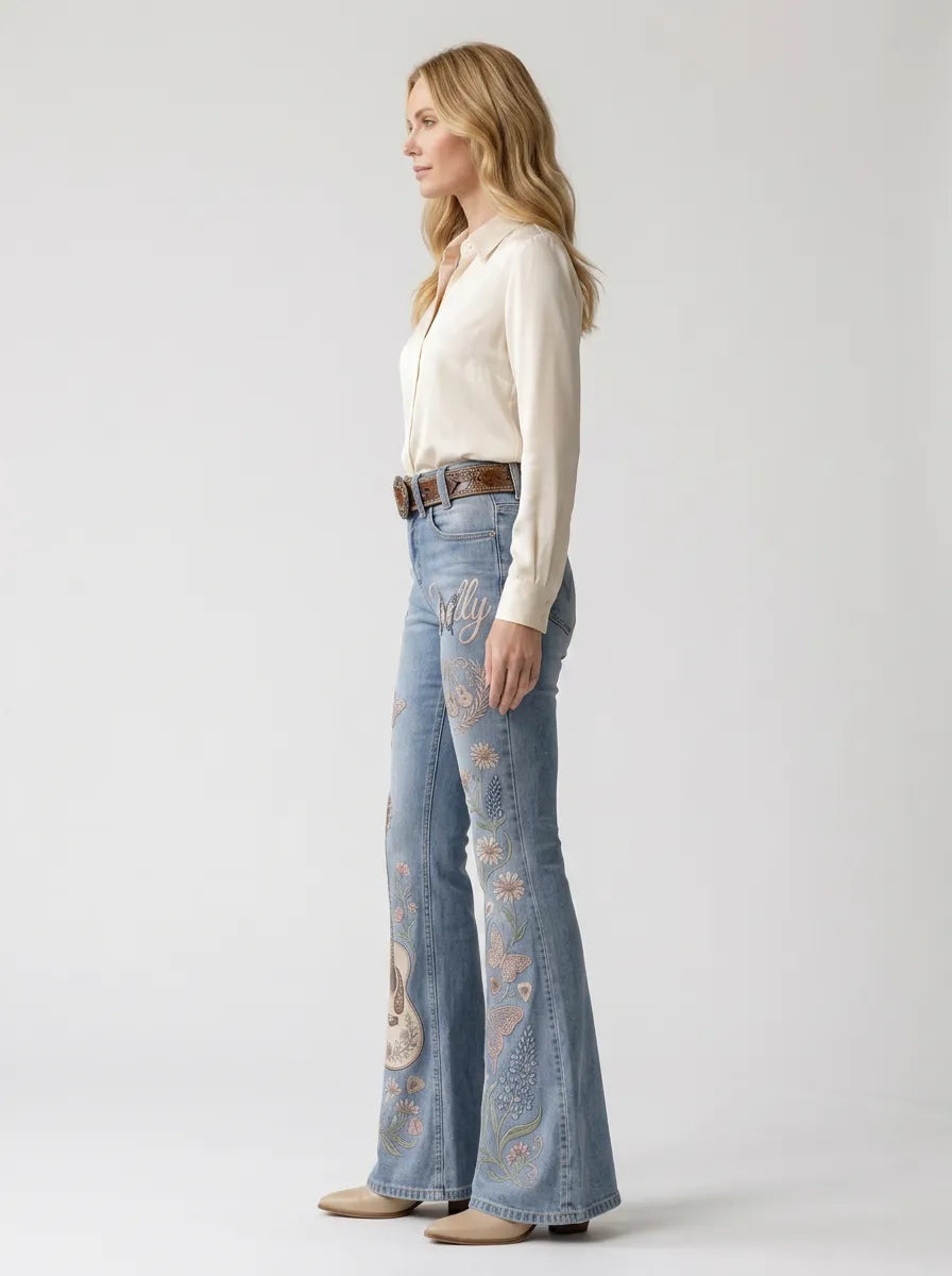 Women's Dolly Parton Guitar Butterfly Floral Printed Flare Jeans