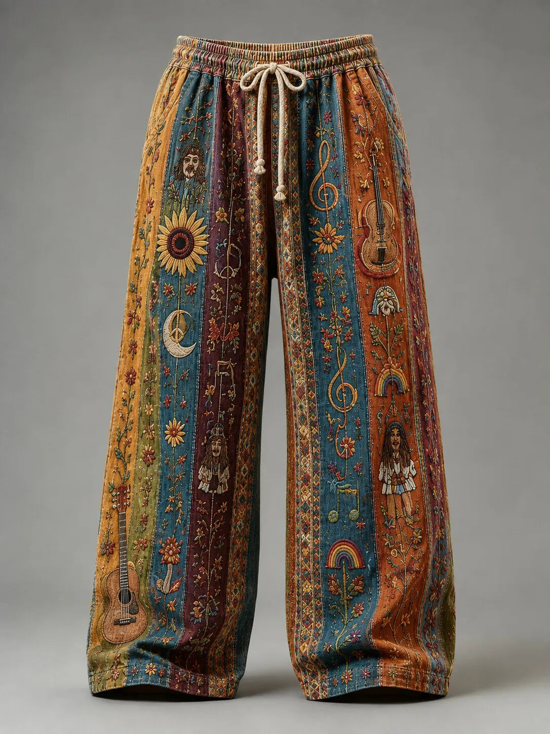 Men's Hippie Treble Clef Music Note Figure Bloom Art Print Pants