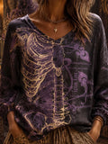 Women's Vintage Skeleton And Floral Print Casual Witch Long Sleeve Top