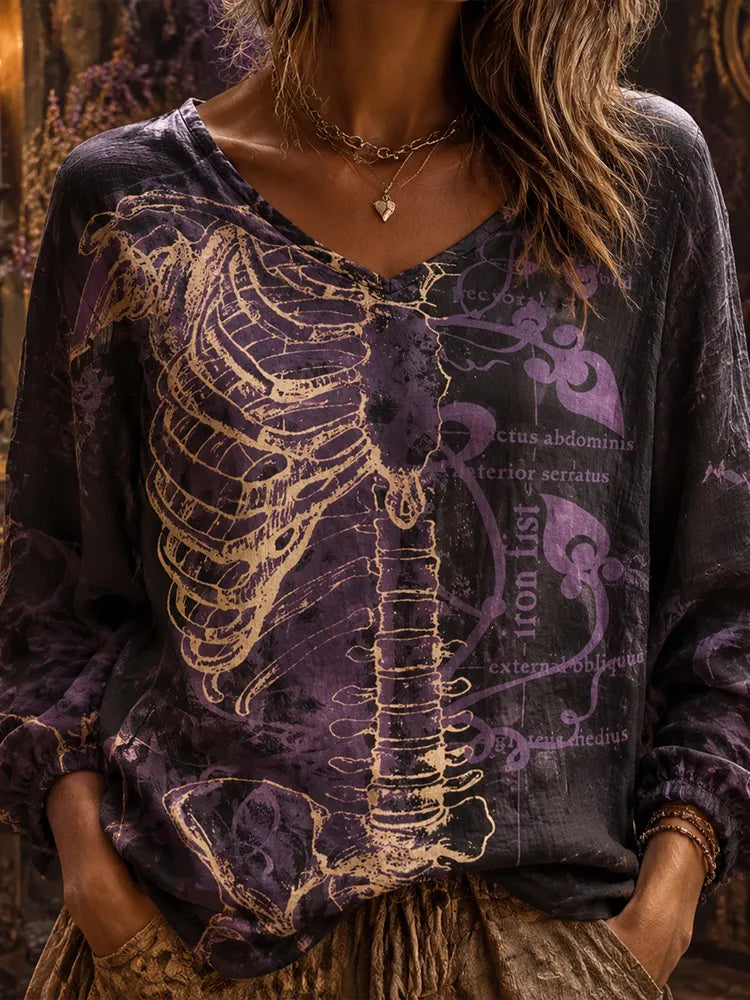Women's Vintage Skeleton And Floral Print Casual Witch Long Sleeve Top