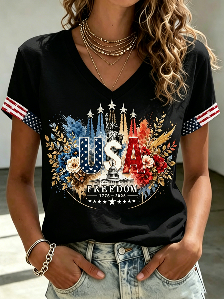 Women's Independence Day Faith Cross Flag Print Crew Neck Short Sleeve T-shirt