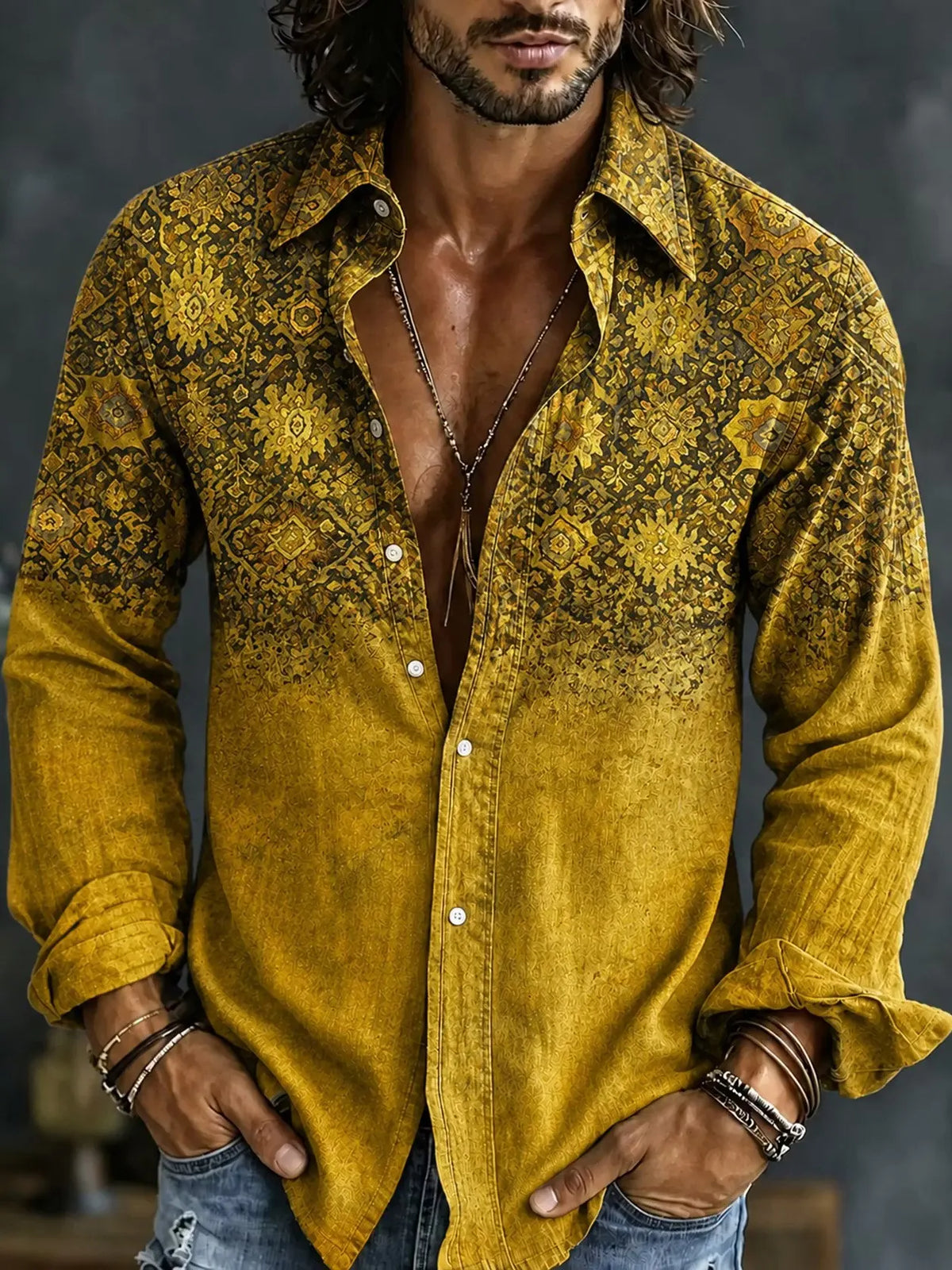 Men's Gradient Bohemian Floral Print Long Sleeve Shirt