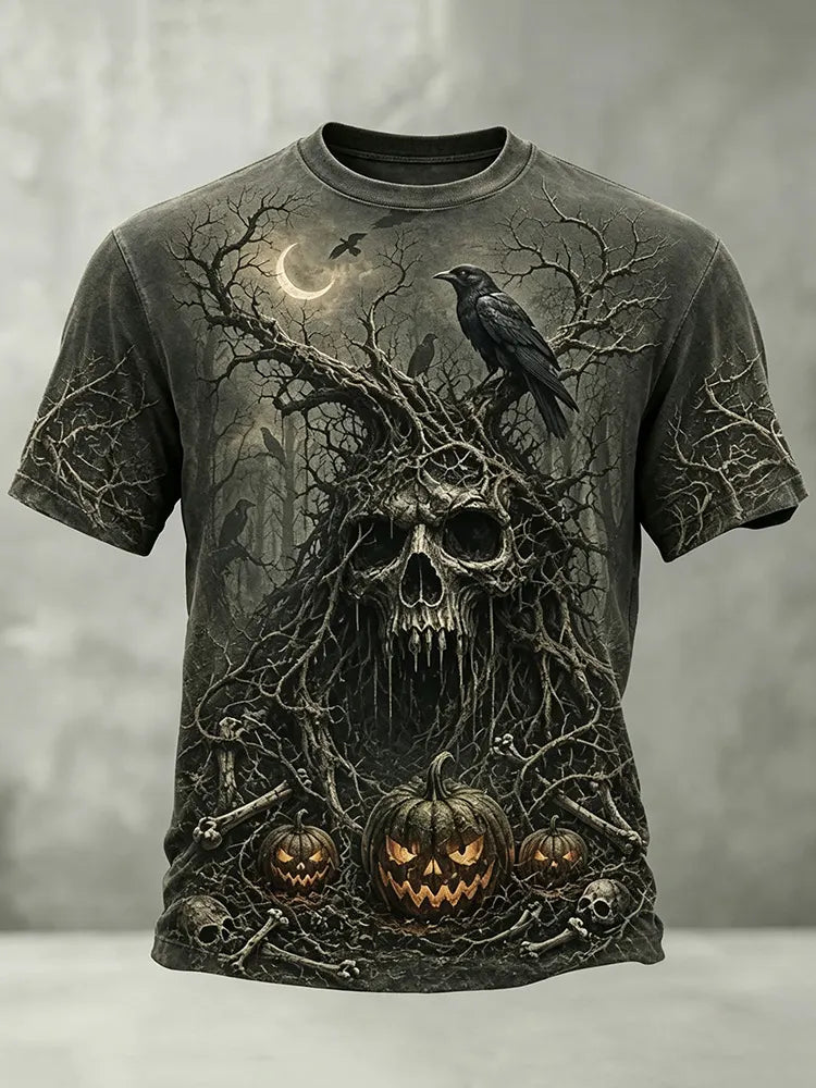 Men's Retro Halloween Skull And Pumpkin Print Casual T-shirt