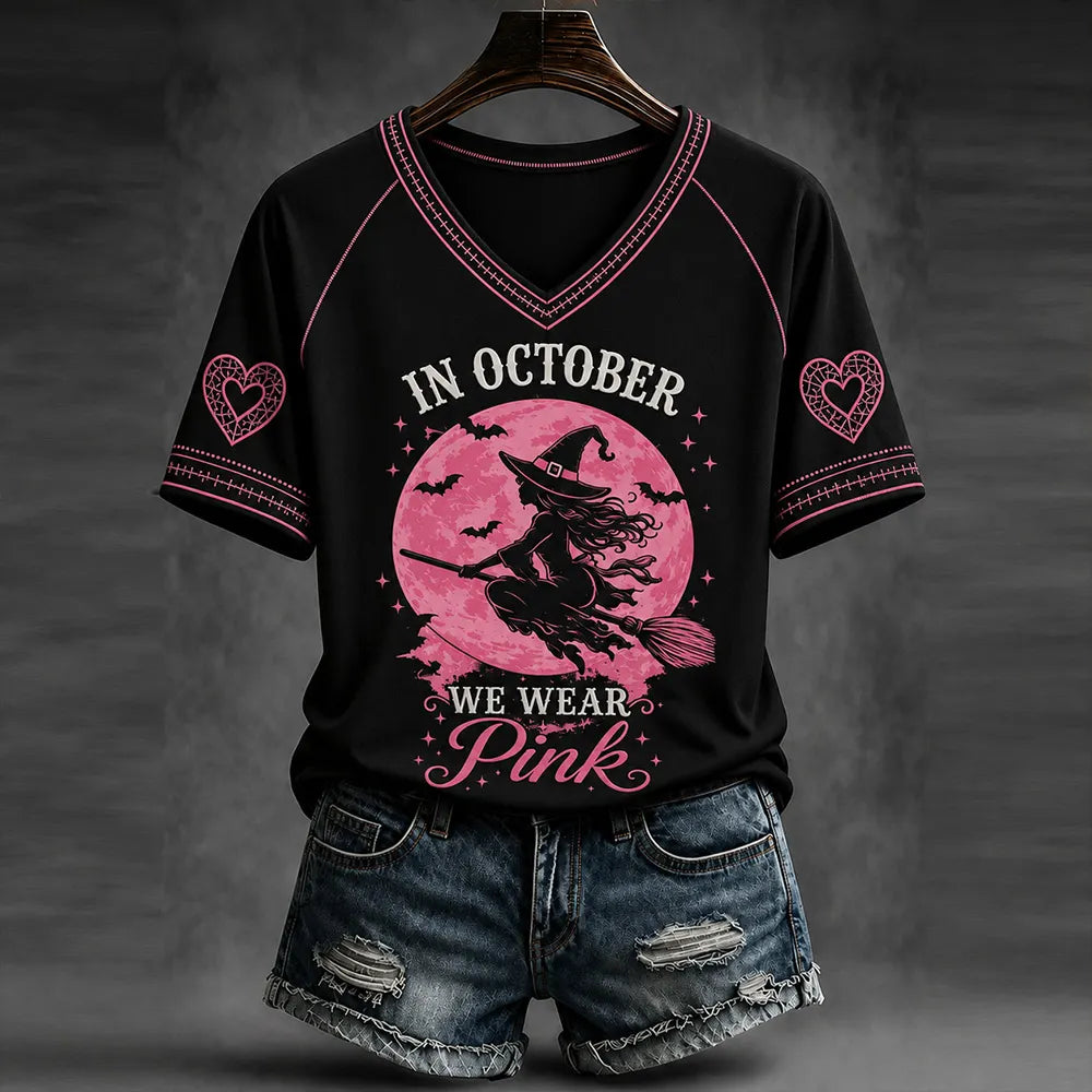 Women's Halloween Witch Broom Print Art V-neck Casual Top