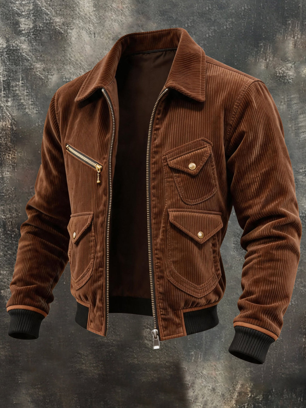 Men’s Vintage Ribbed Multi-Pocket Stand-Collar Jacket