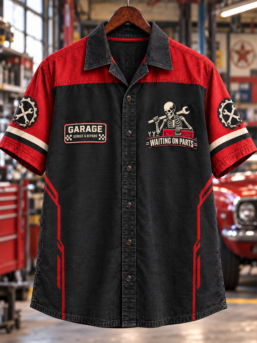 ☕ "Waiting on Parts" Skeleton Mechanic Workshop Shirt