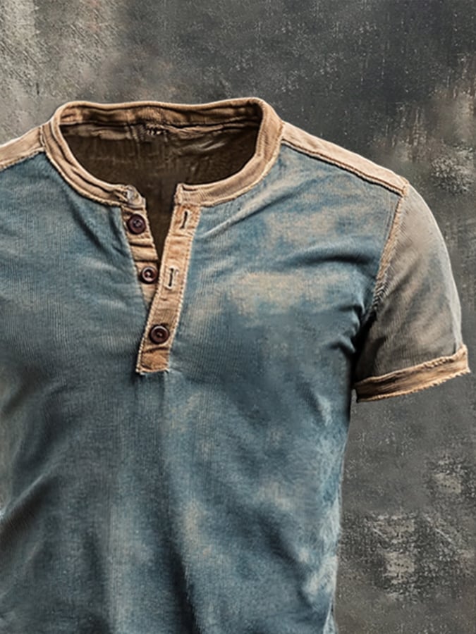 Men's casual retro wash colorblock Henley T-shirt