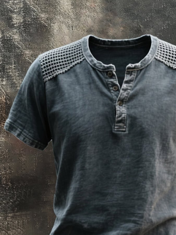 Men's Vintage Distressed Colorblock Casual Henley Short Sleeve T-Shirt