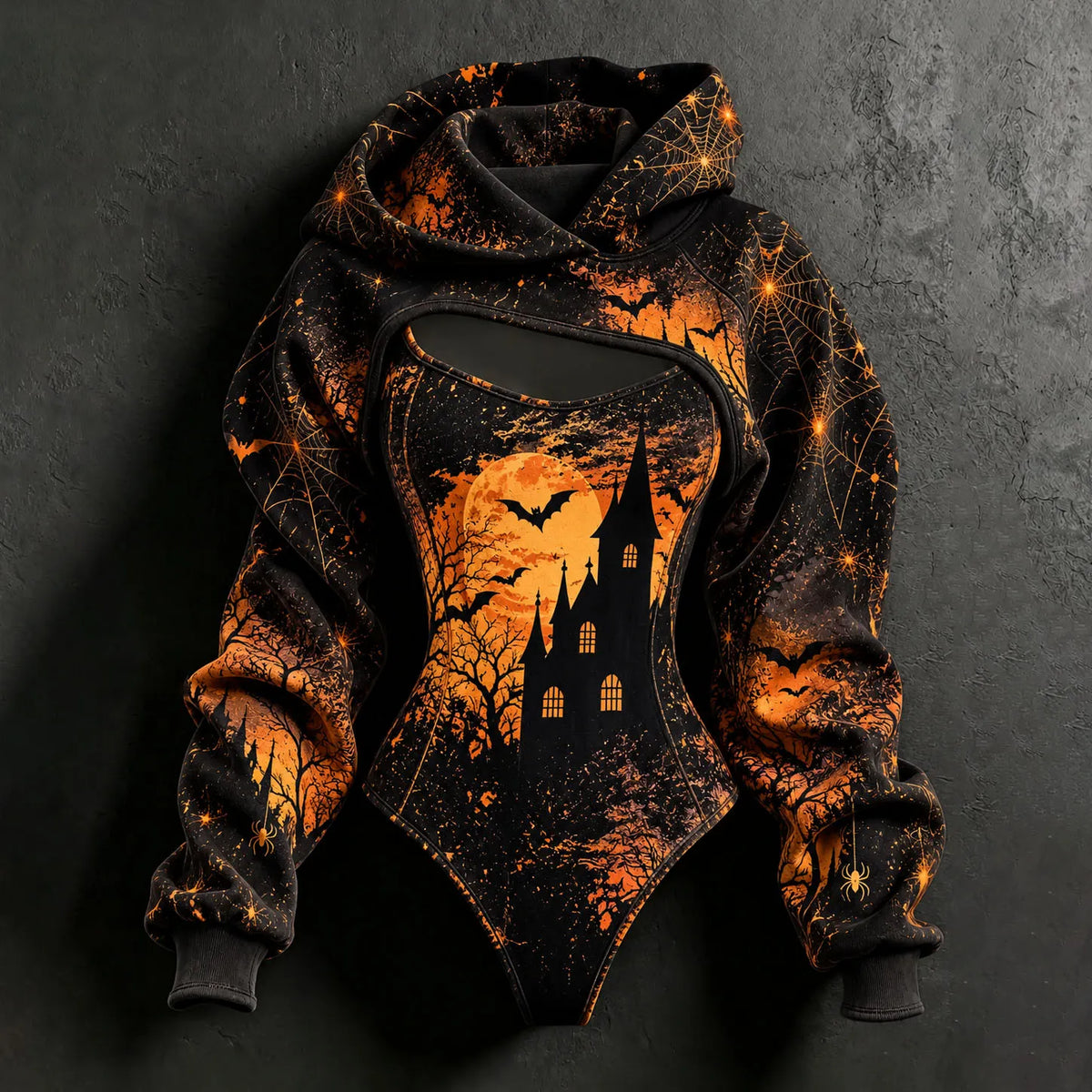 Women's Halloween Gothic Treehouse Art Print Hoodie Two-piece Set