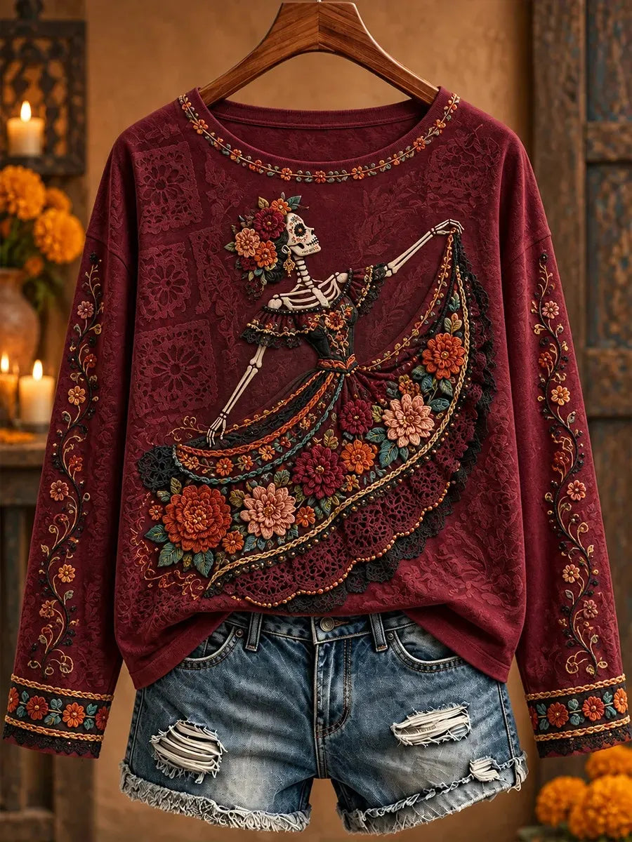 Women's Day Of The Dead Dancing Female Skeleton Lace Skirt Bright Floral Print Crew Neck Long Sleeve Top