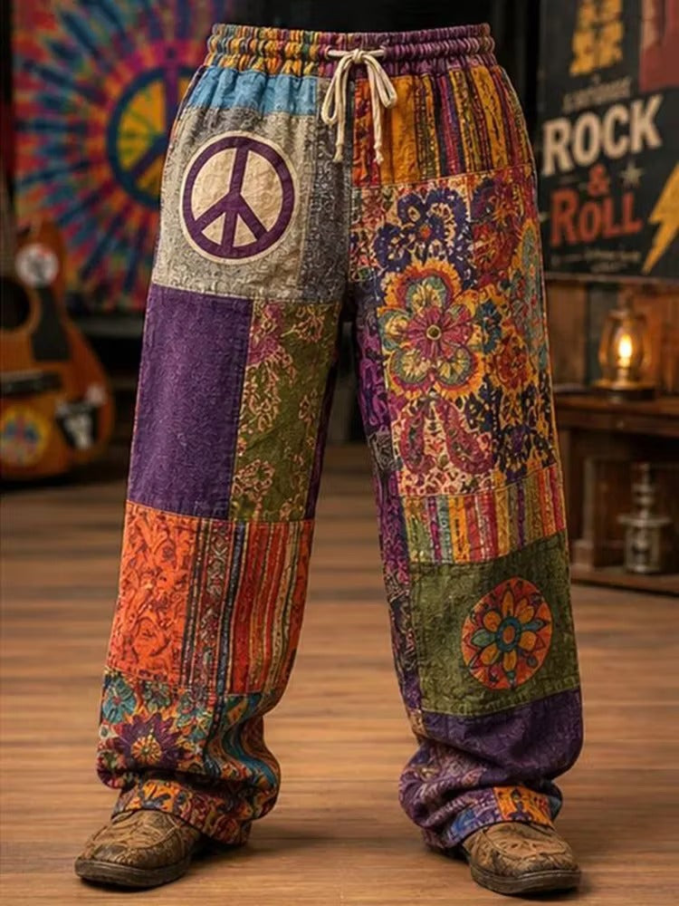 Men's Patchwork Blocks With Peace Sign And Floral Art Print Pants