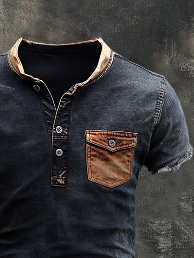 Men's T-shirt with Henry collar and contrasting seams in washed cotton
