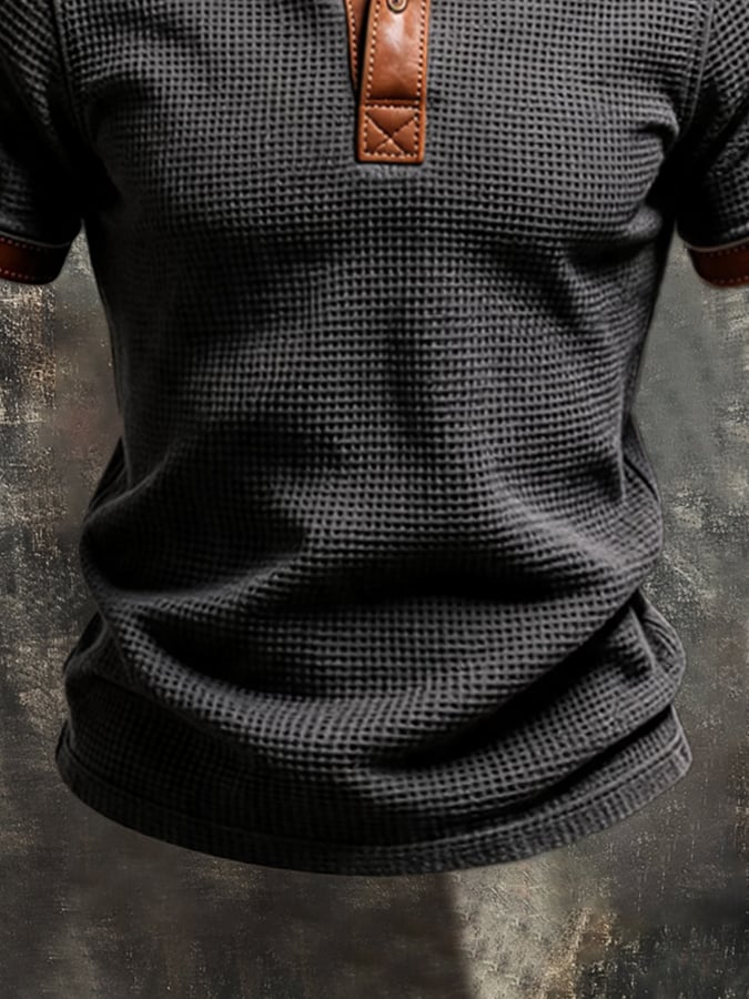 Men's Vintage-Style Leather and Waffle-Knit Panel Polo Shirt