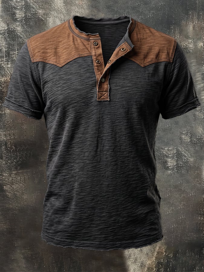 Men's Vintage Slub Cotton Color-Block Henley T-Shirt