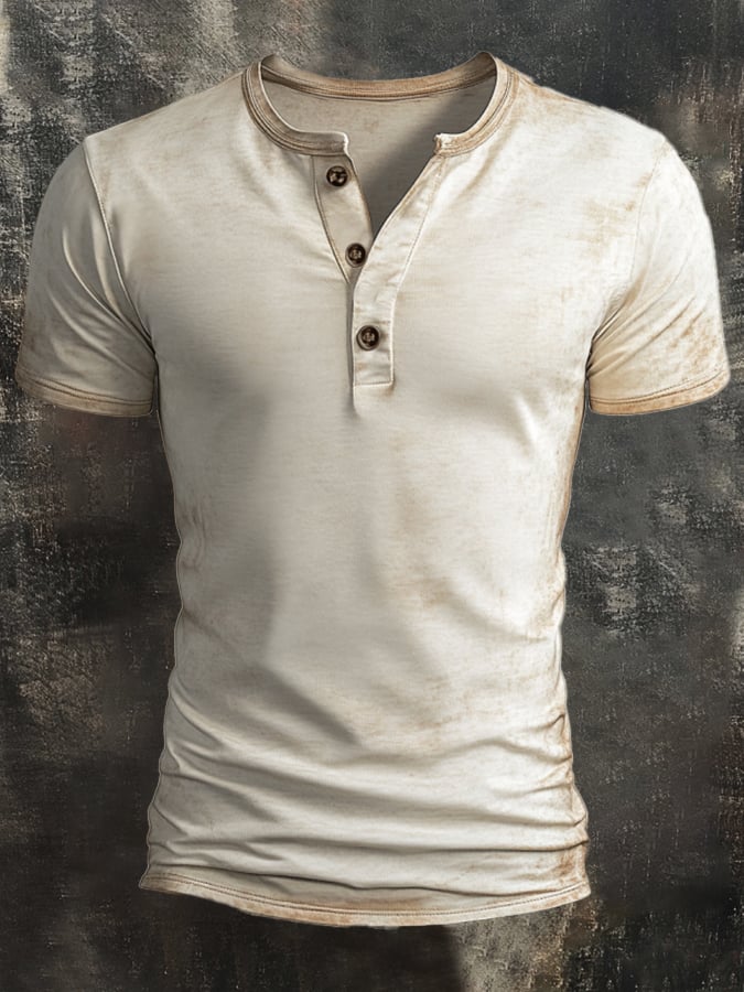 Men's casual vintage style Henley shirt with washed print and short sleeves
