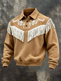 Men's Retro Western-Style Color-Block Polo-Collar Sweatshirt with Fringe and Panel Details